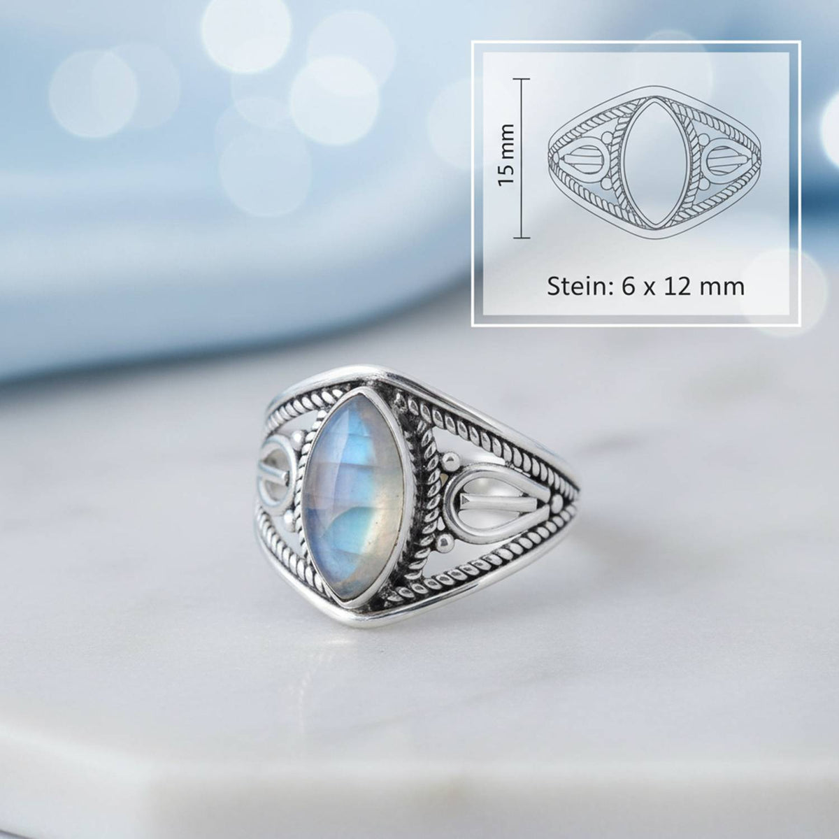 Mondsteinring aus Silber mit Maßangaben zu Ring und Edelstein