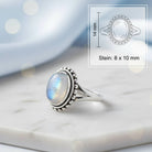 [KI] Mondsteinring aus Silber mit Maßangaben zu Ring und Edelstein
