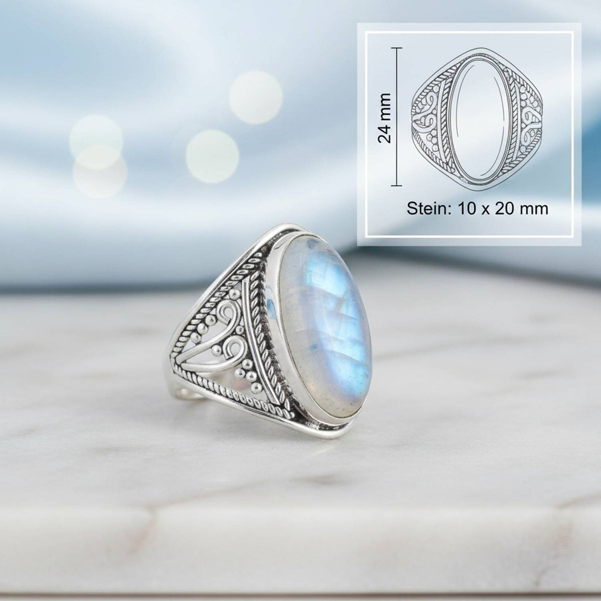 Mondsteinring aus Silber mit Maßangaben zu Ring und Edelstein