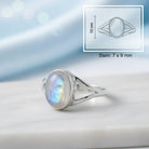 [KI] Mondsteinring aus Silber mit Maßangaben zu Ring und Edelstein