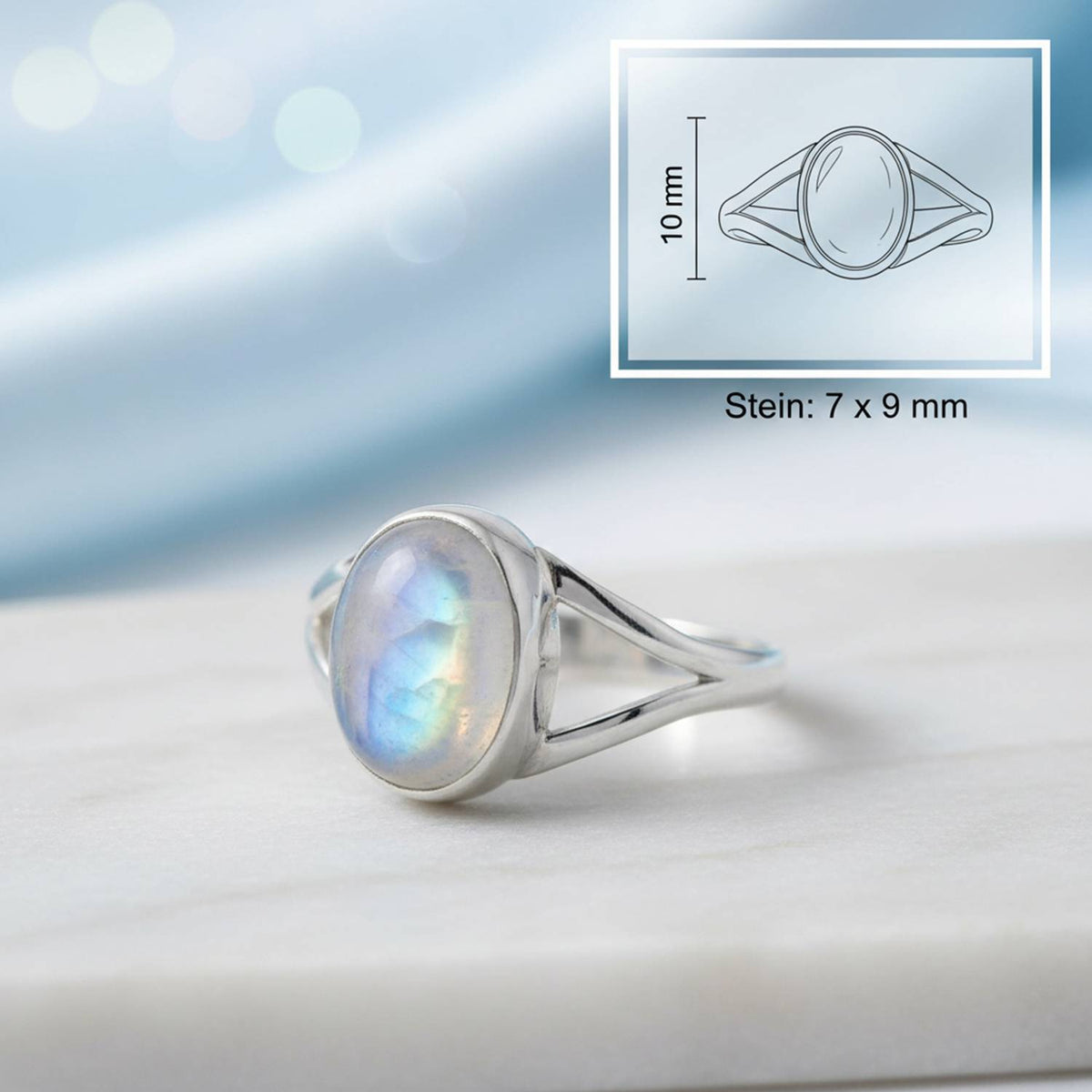 Mondsteinring aus Silber mit Maßangaben zu Ring und Edelstein