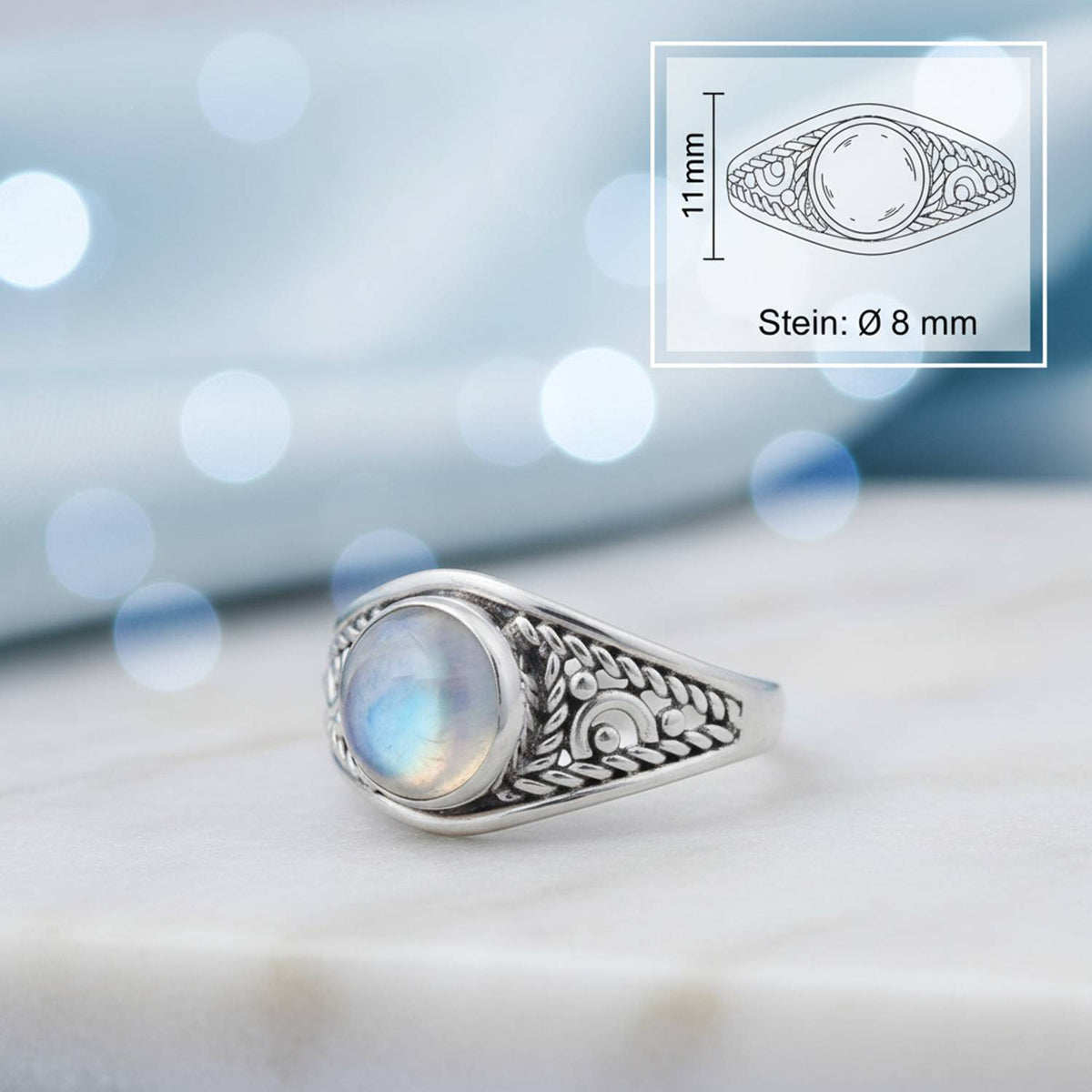 Mondsteinring aus Silber mit Maßangaben zu Ring und Edelstein
