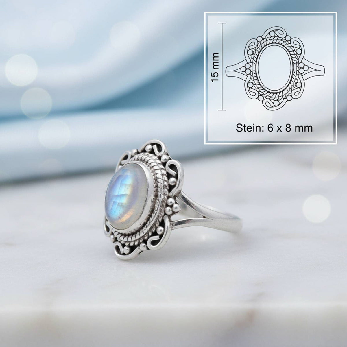 Mondsteinring aus Silber mit Maßangaben zu Ring und Edelstein