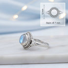 [KI] Mondsteinring aus Silber mit Maßangaben zu Ring und Edelstein