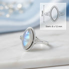 [KI] Mondsteinring aus Silber mit Maßangaben zu Ring und Edelstein