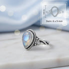 [KI] Mondsteinring aus Silber mit Maßangaben zu Ring und Edelstein
