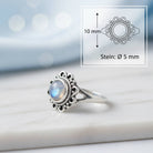 [KI] Mondsteinring aus Silber mit Maßangaben zu Ring und Edelstein