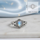 [KI] Mondsteinring aus Silber mit Maßangaben zu Ring und Edelstein