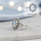 [KI] Mondsteinring aus Silber mit Maßangaben zu Ring und Edelstein