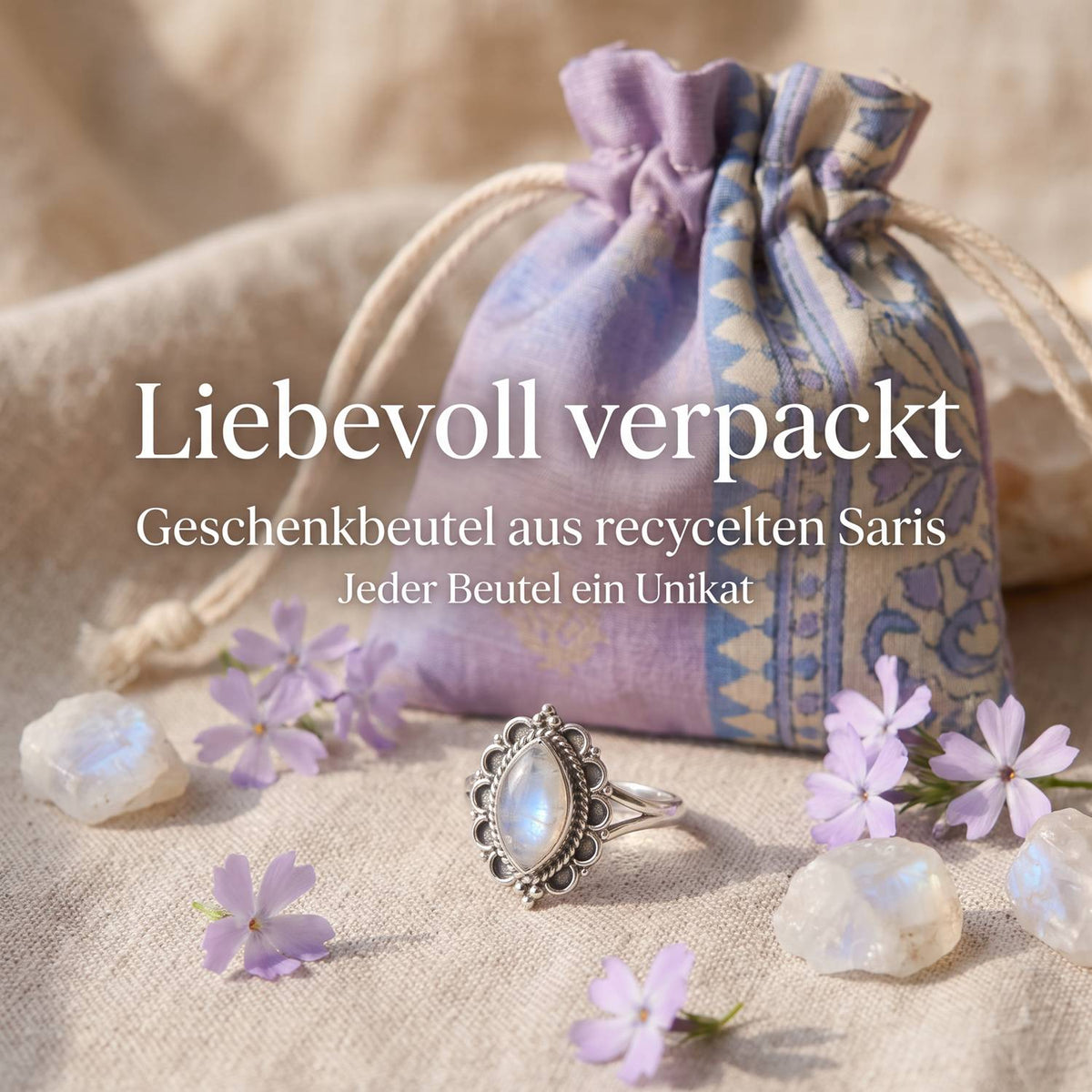 Silberring mit Mondstein und Geschenkbeutel aus recyceltem Sari