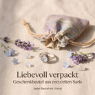 [KI] Silberring mit Mondstein und Geschenkbeutel aus recyceltem Sari