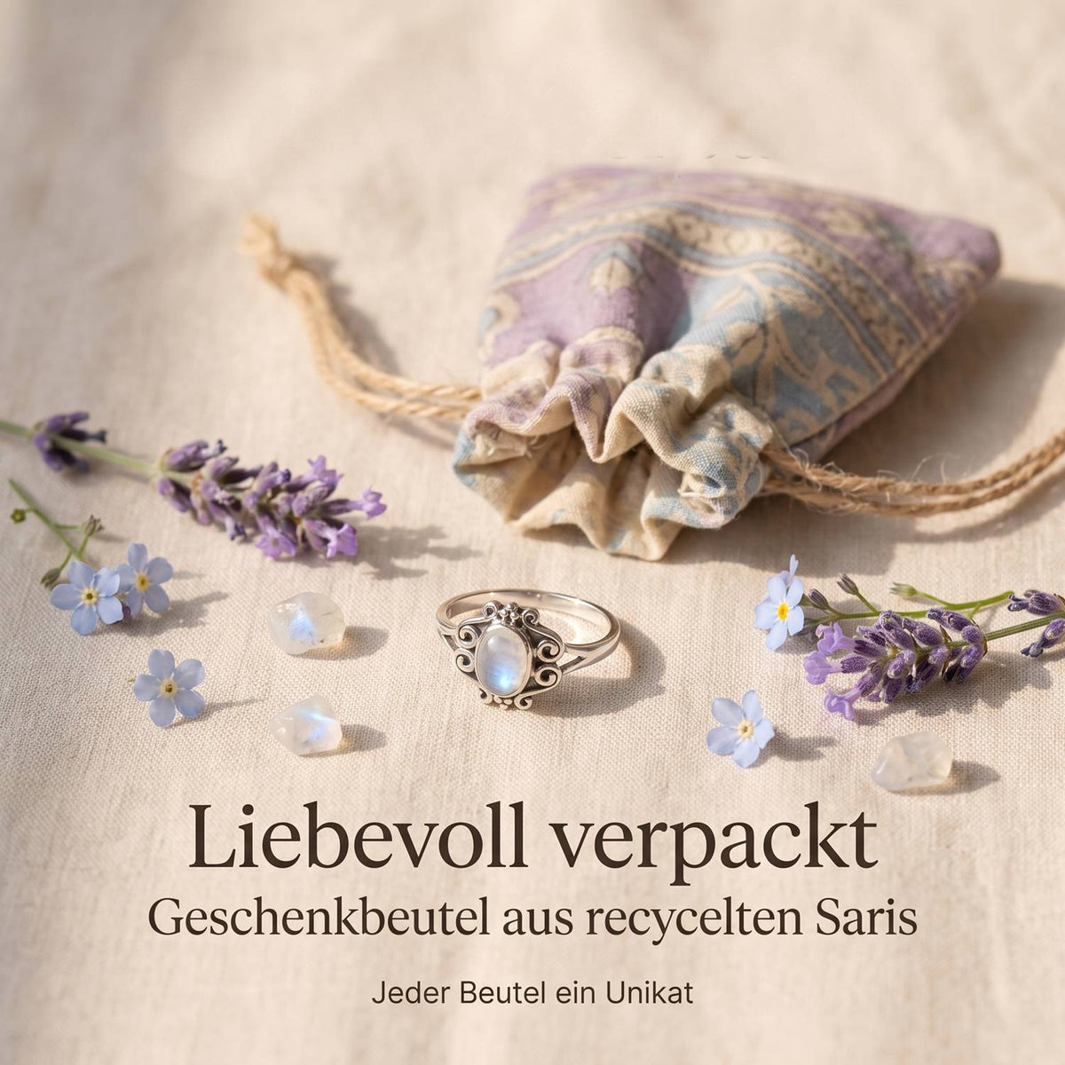 Silberring mit Mondstein und Geschenkbeutel aus recyceltem Sari