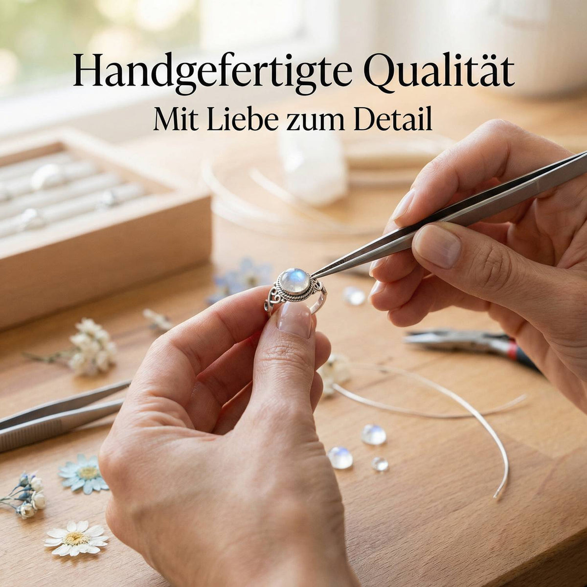Handgefertigter Silberring mit Mondstein bei der Schmuckherstellung