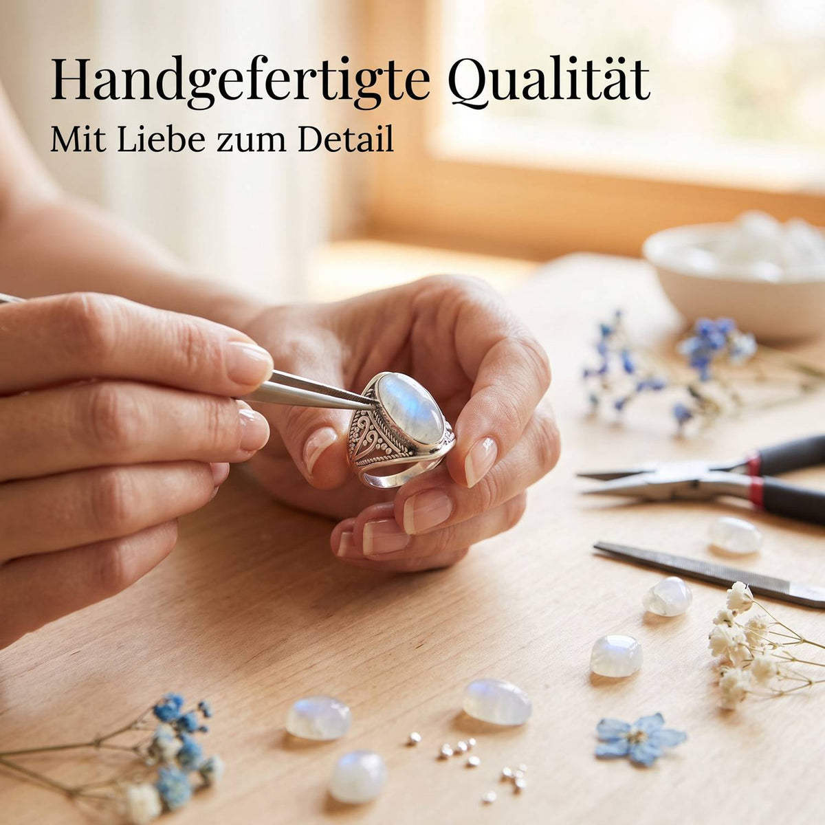 Handgefertigter Silberring mit Mondstein bei der Schmuckherstellung