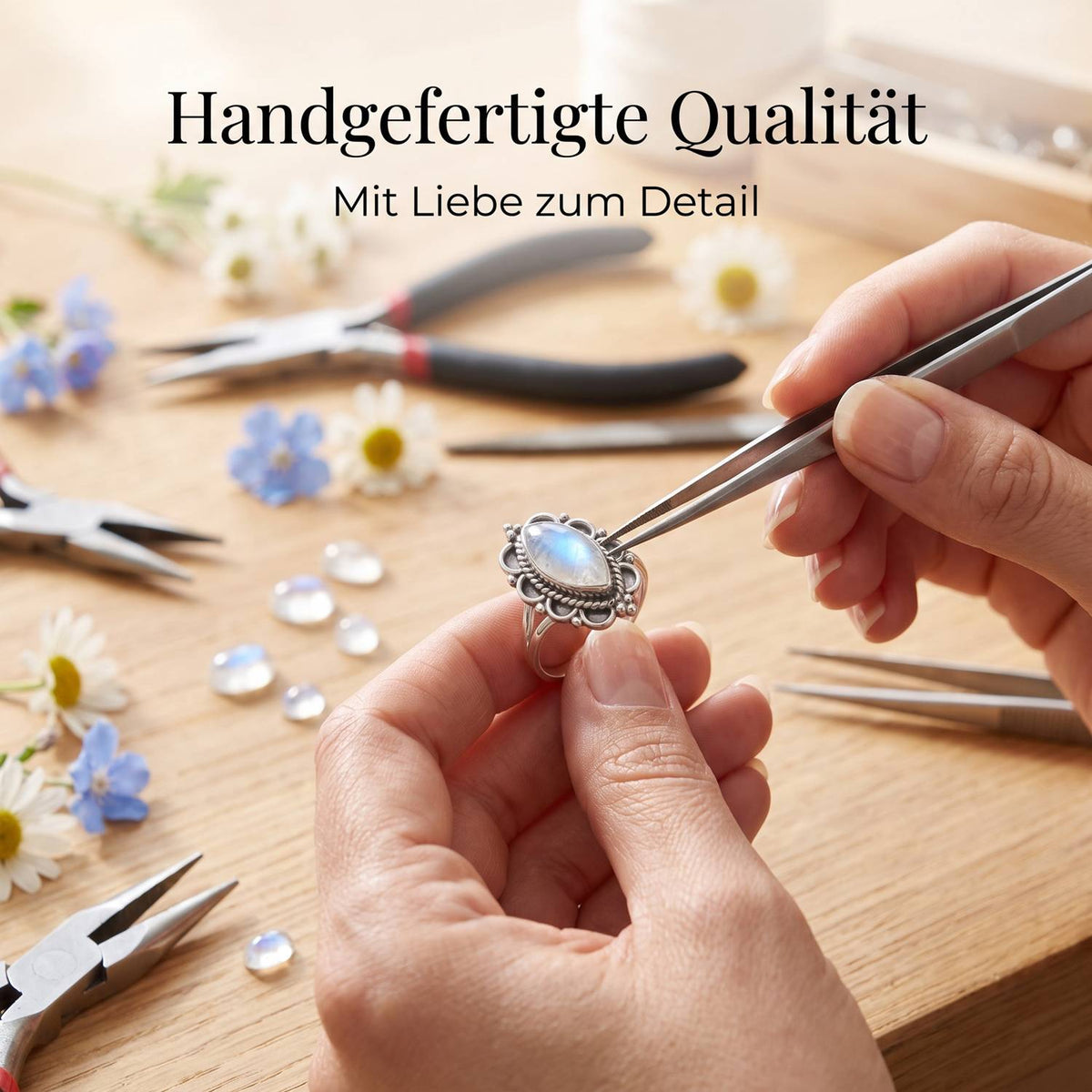 Handgefertigter Silberring mit Mondstein bei der Schmuckherstellung