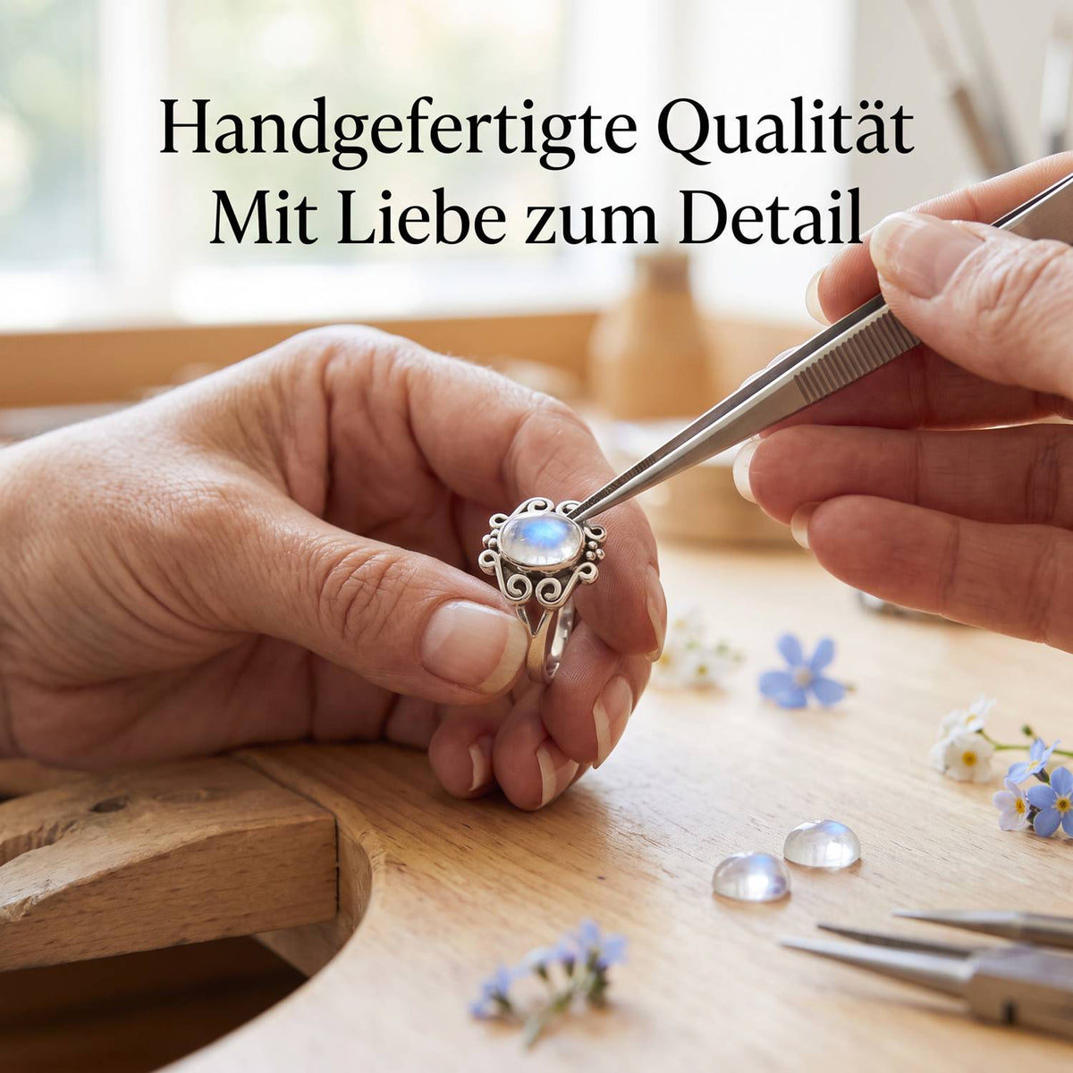 Handgefertigter Silberring mit Mondstein bei der Schmuckherstellung