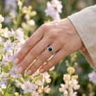 [KI] Silberring mit Onyx an der Hand zwischen Blumen
