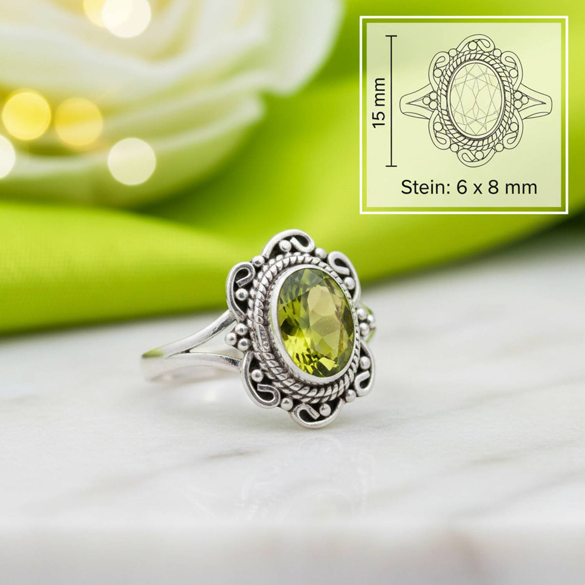 Peridotring aus Silber mit Maßangaben zu Ring und Edelstein