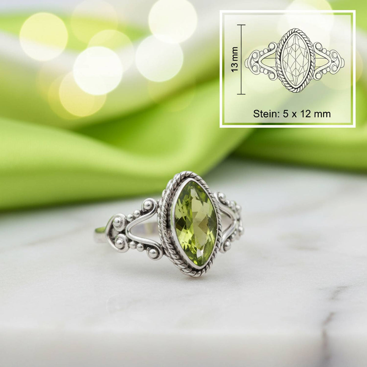 Peridotring aus Silber mit Maßangaben zu Ring und Edelstein
