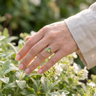[KI] Silberring mit Peridot an der Hand zwischen Blumen