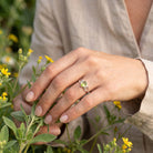 [KI] Silberring mit Peridot an der Hand zwischen Blumen