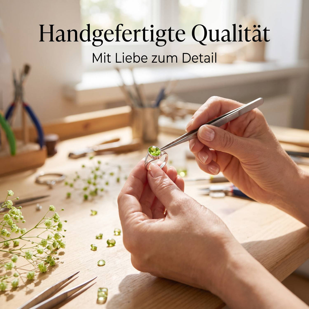 Handgefertigter Silberring mit Peridot bei der Schmuckherstellung