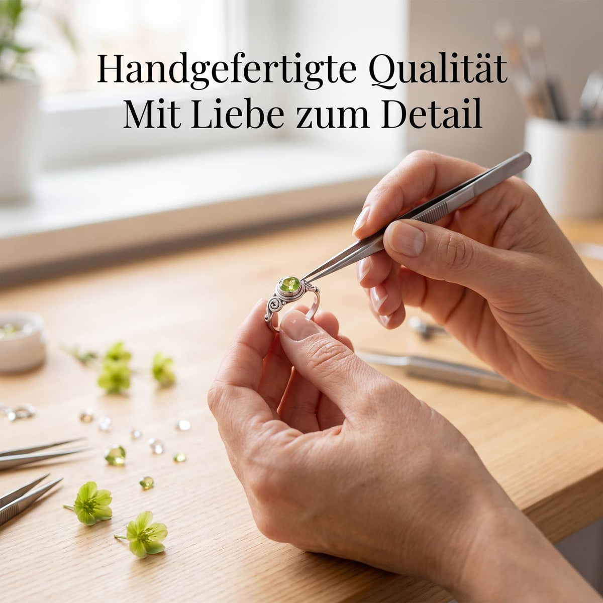 Handgefertigter Silberring mit Peridot bei der Schmuckherstellung