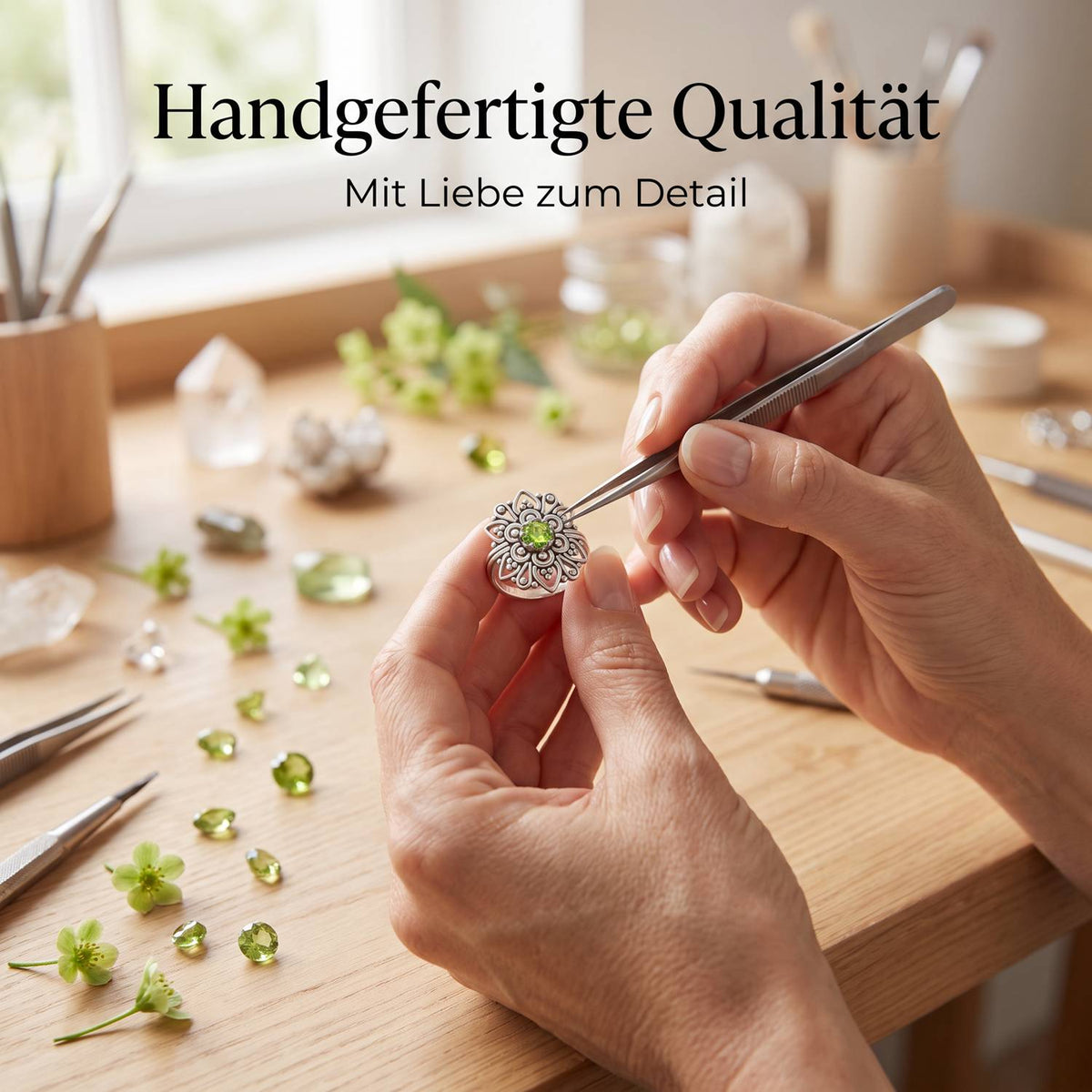 Handgefertigter Silberring mit Peridot bei der Schmuckherstellung