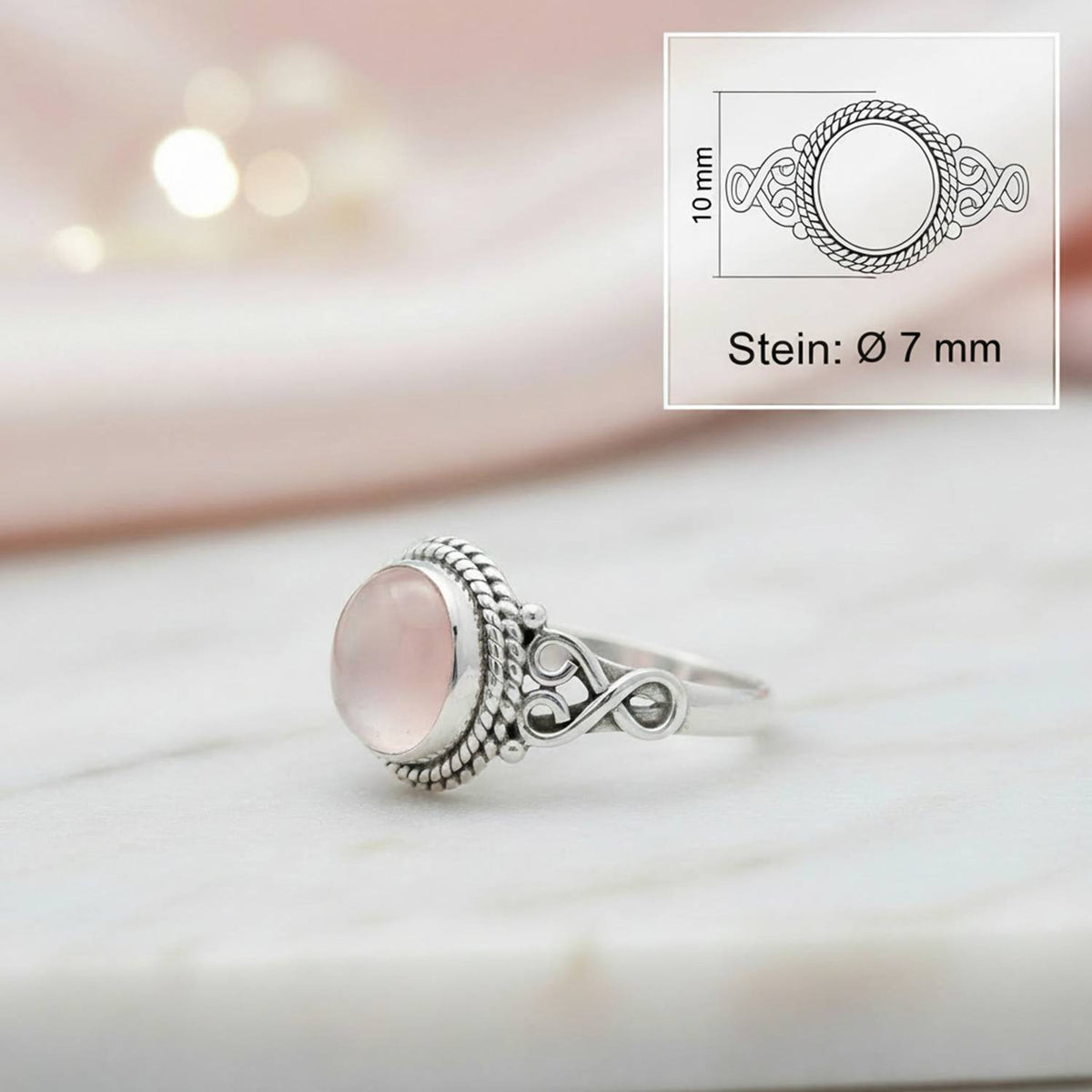 Rosenquarzring aus Silber mit Maßangaben zu Ring und Edelstein