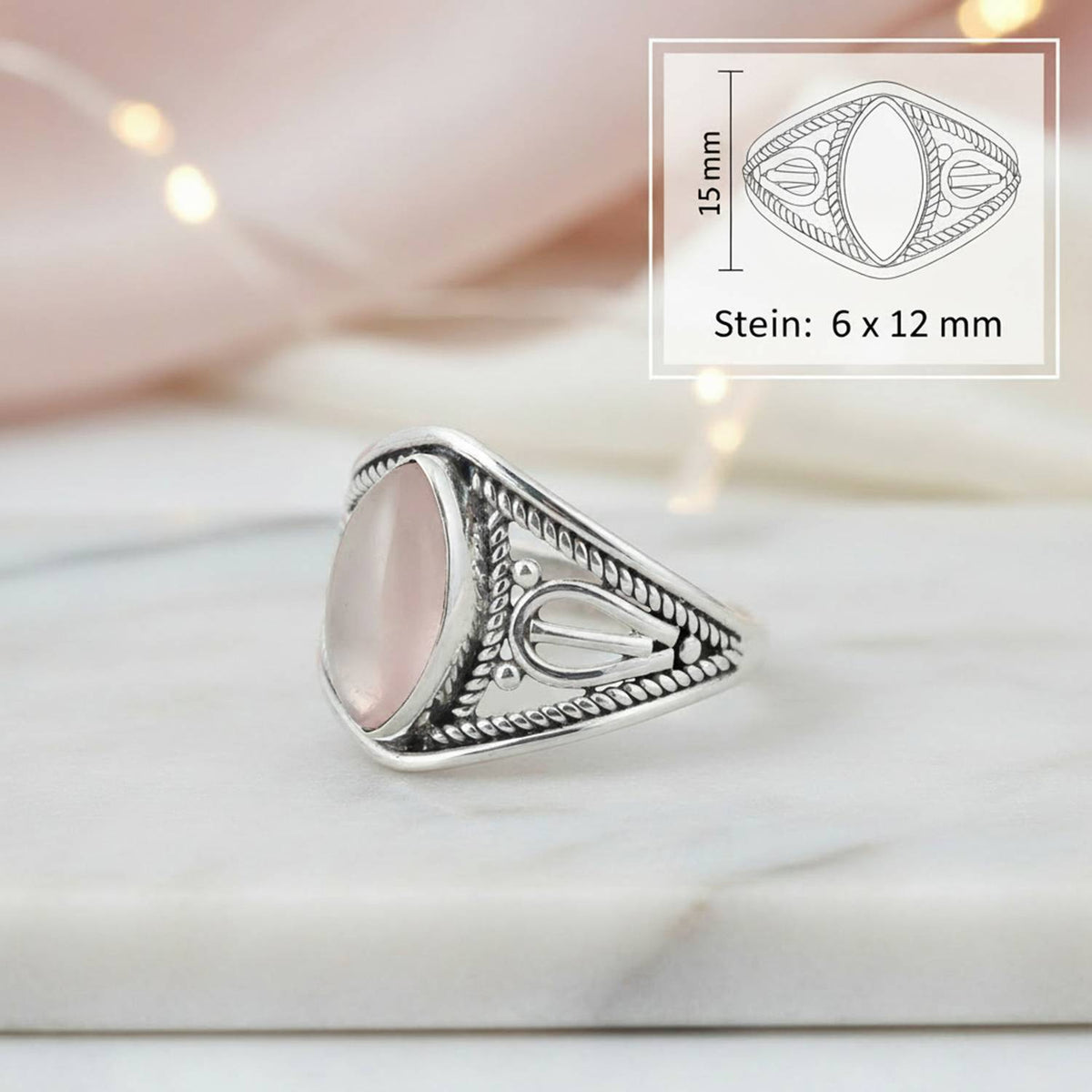 Rosenquarzring aus Silber mit Maßangaben zu Ring und Edelstein