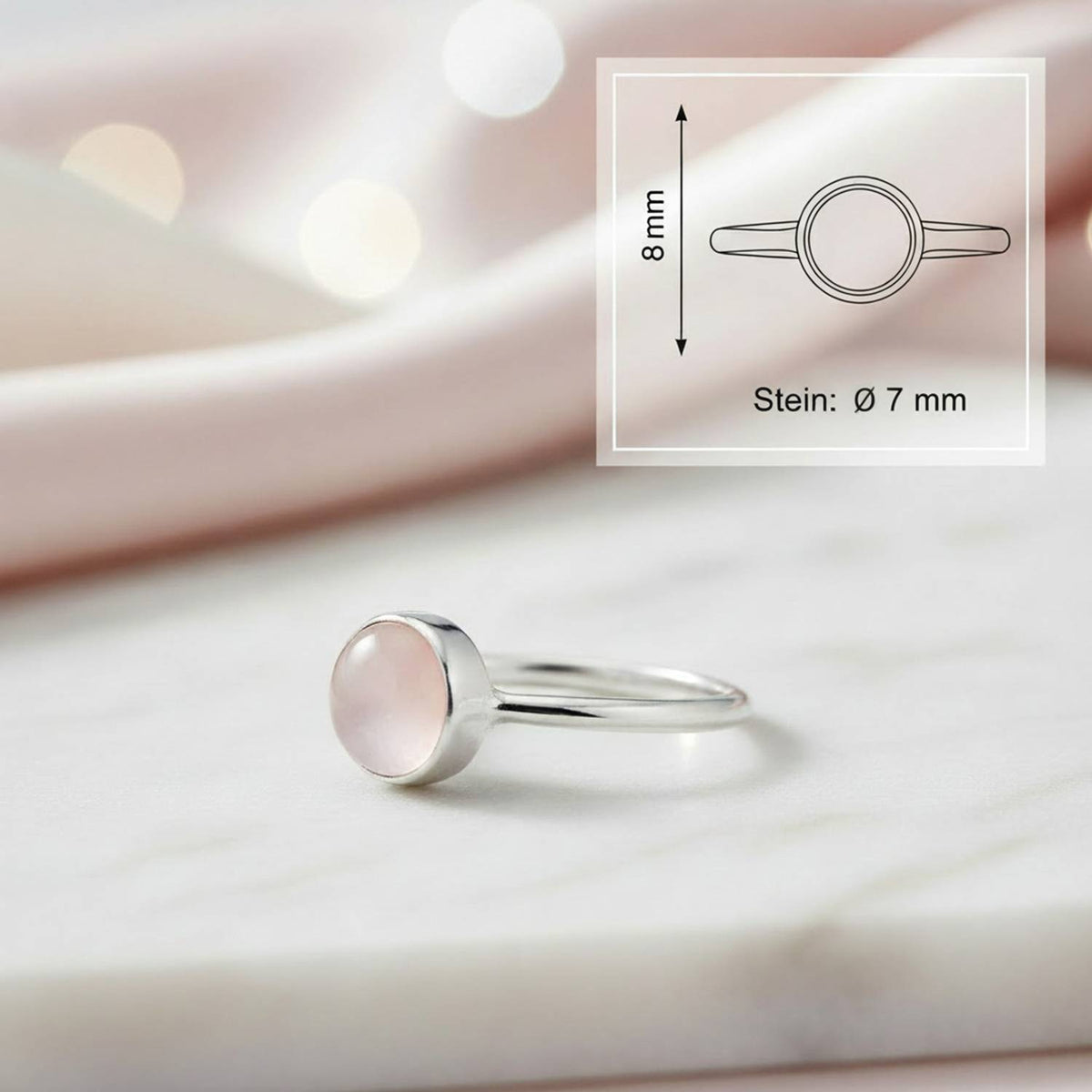 Rosenquarzring aus Silber mit Maßangaben zu Ring und Edelstein