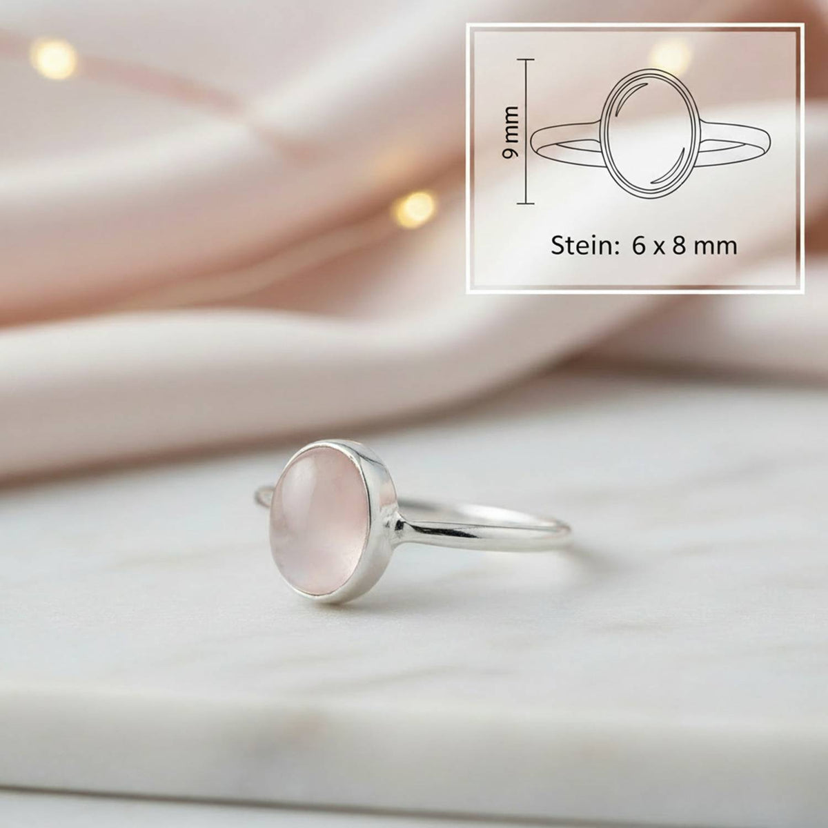 Rosenquarzring aus Silber mit Maßangaben zu Ring und Edelstein