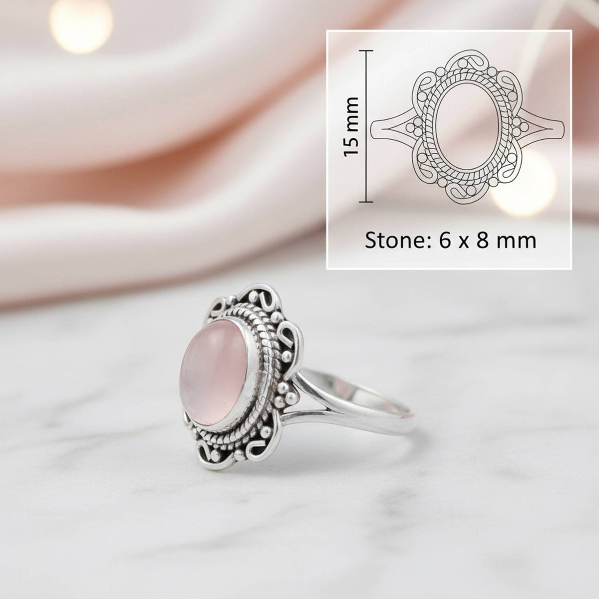 Rosenquarzring aus Silber mit Maßangaben zu Ring und Edelstein