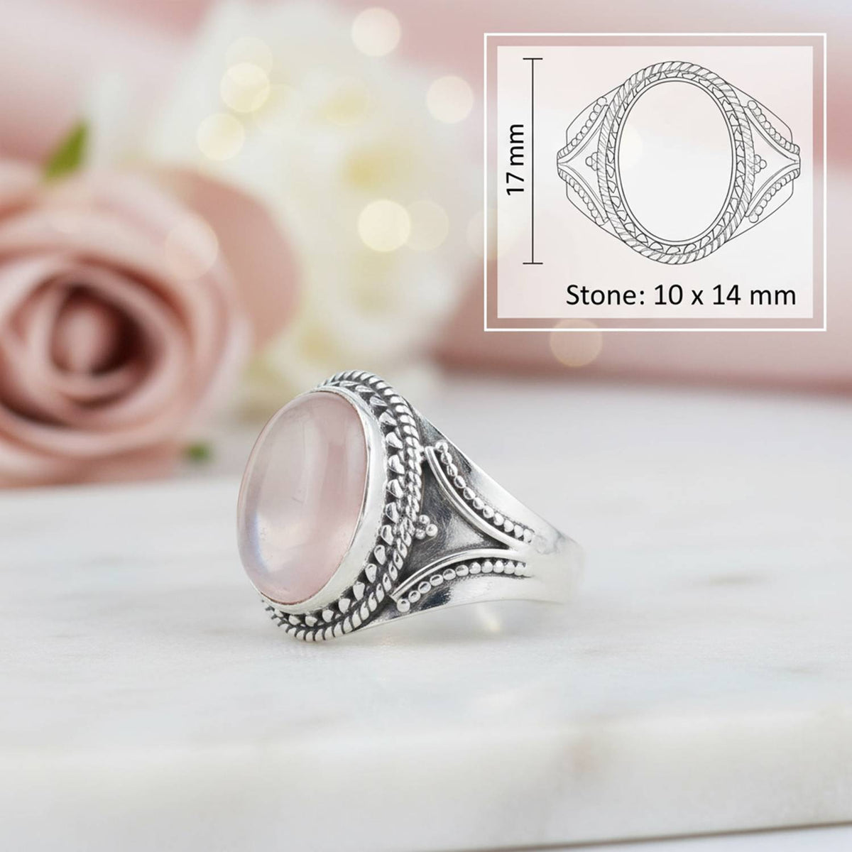 Rosenquarzring aus Silber mit Maßangaben zu Ring und Edelstein