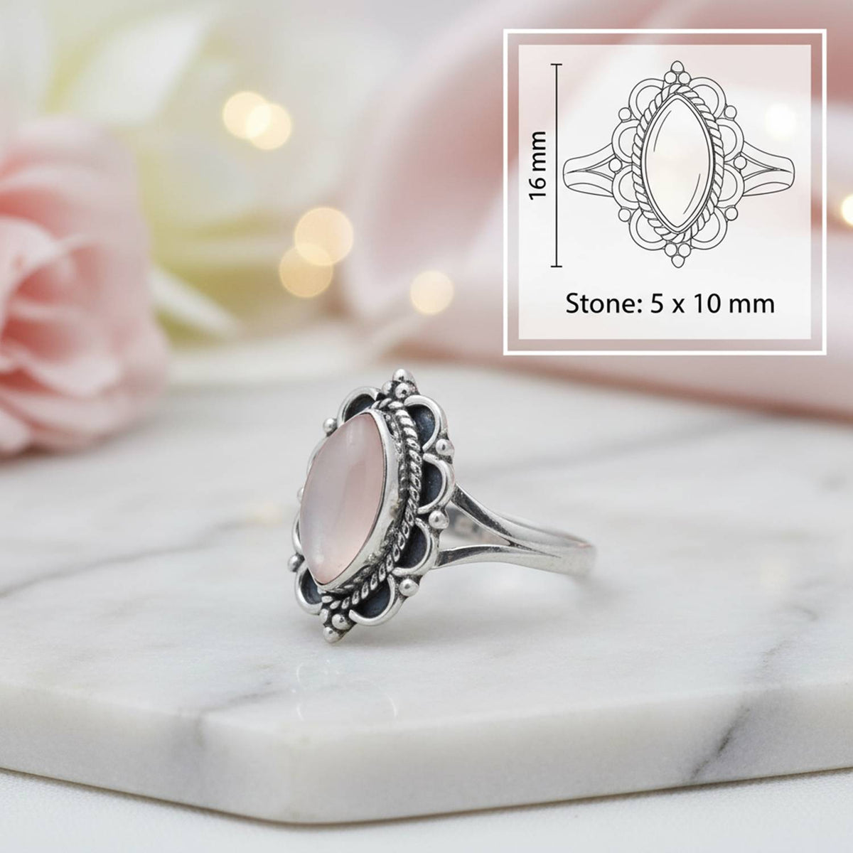 Rosenquarzring aus Silber mit Maßangaben zu Ring und Edelstein