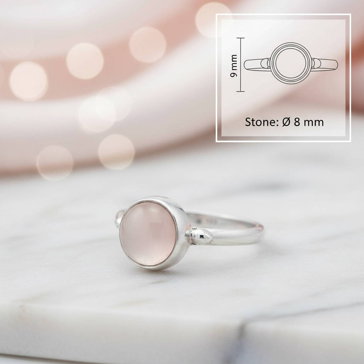 Rosenquarzring aus Silber mit Maßangaben zu Ring und Edelstein