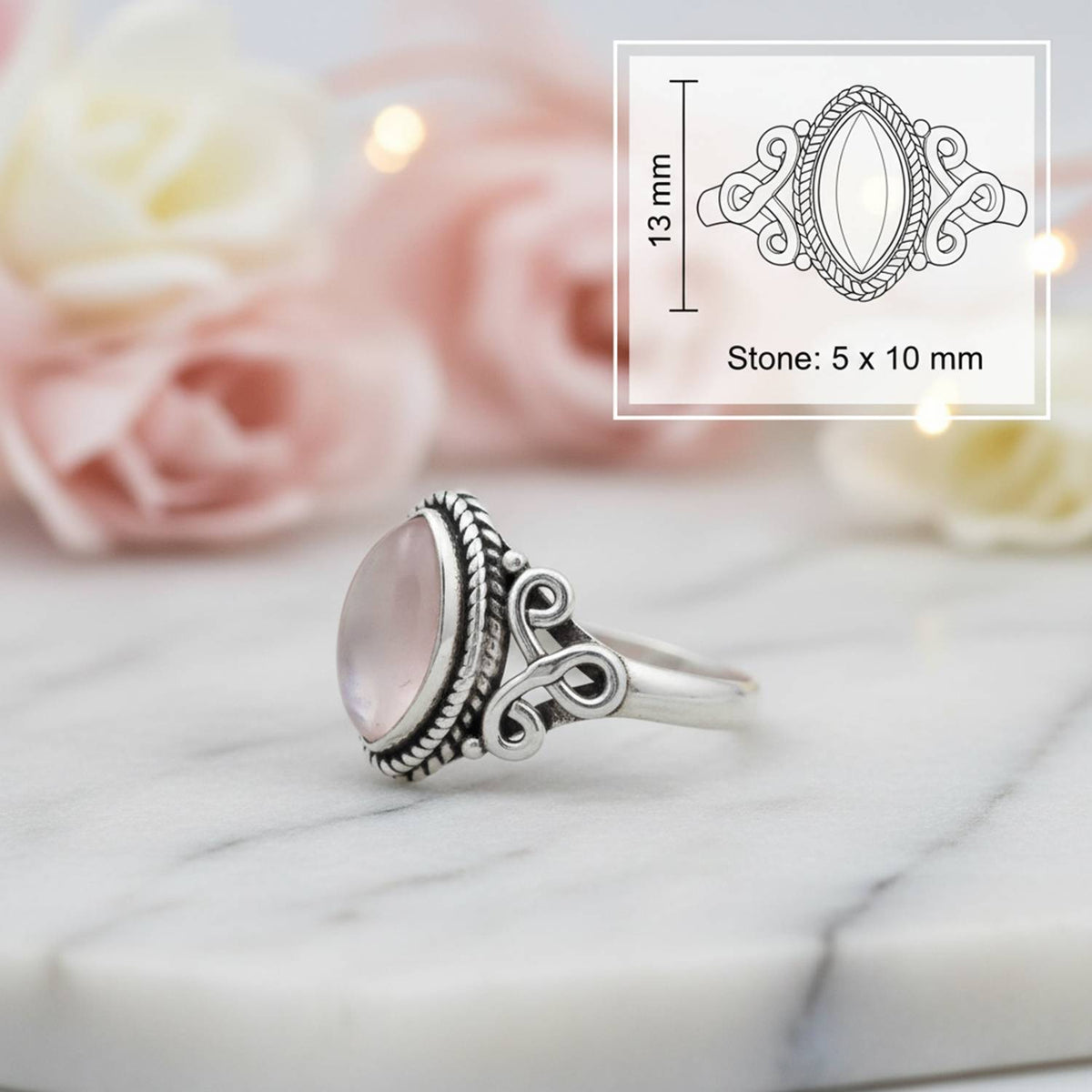 Rosenquarzring aus Silber mit Maßangaben zu Ring und Edelstein