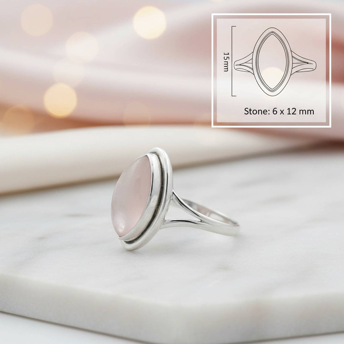 Rosenquarzring aus Silber mit Maßangaben zu Ring und Edelstein