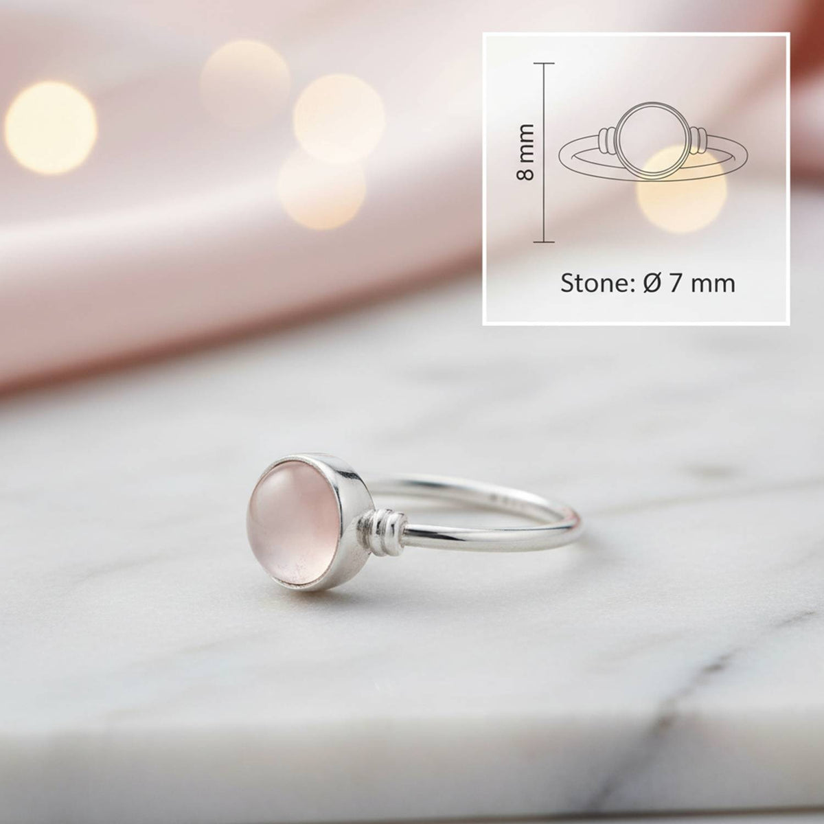Rosenquarzring aus Silber mit Maßangaben zu Ring und Edelstein