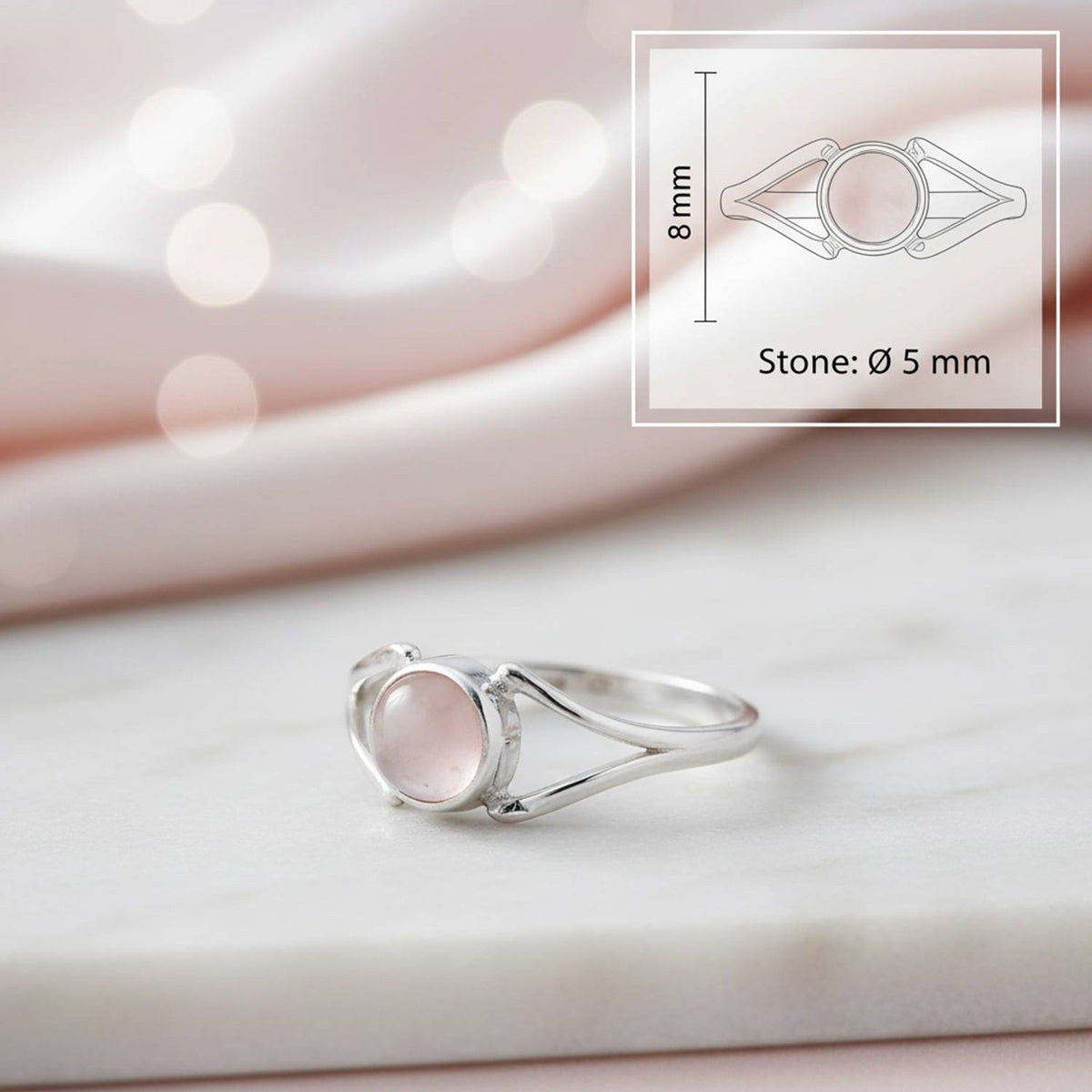 Rosenquarzring aus Silber mit Maßangaben zu Ring und Edelstein