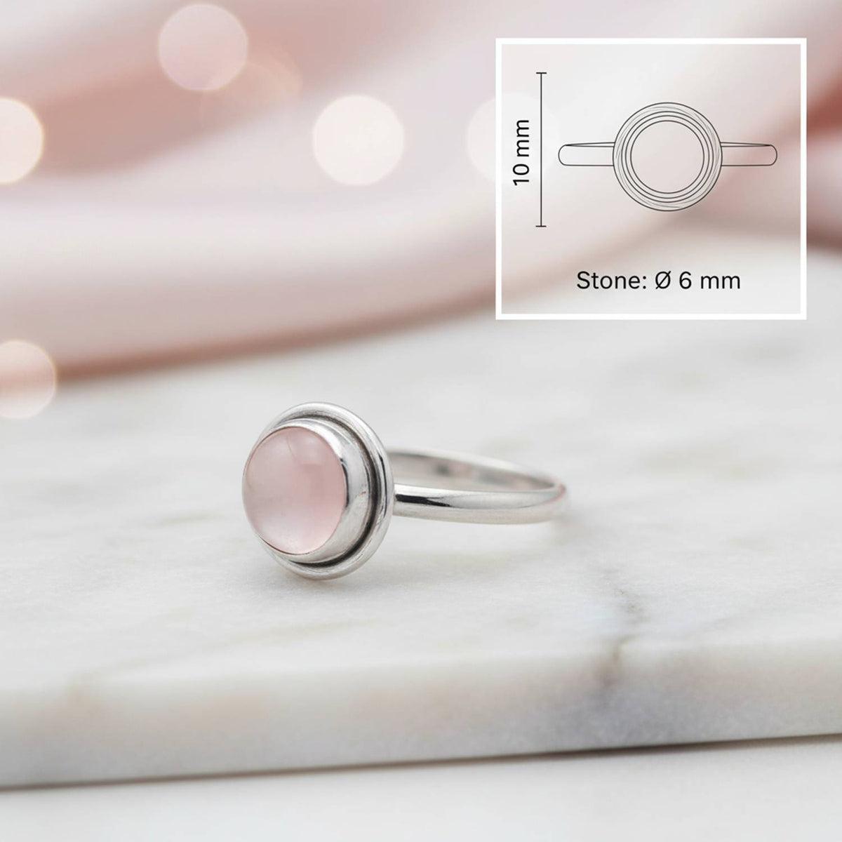 Rosenquarzring aus Silber mit Maßangaben zu Ring und Edelstein