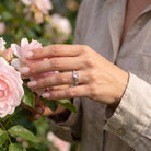 [KI] Silberring mit Rosenquarz an der Hand zwischen Blumen