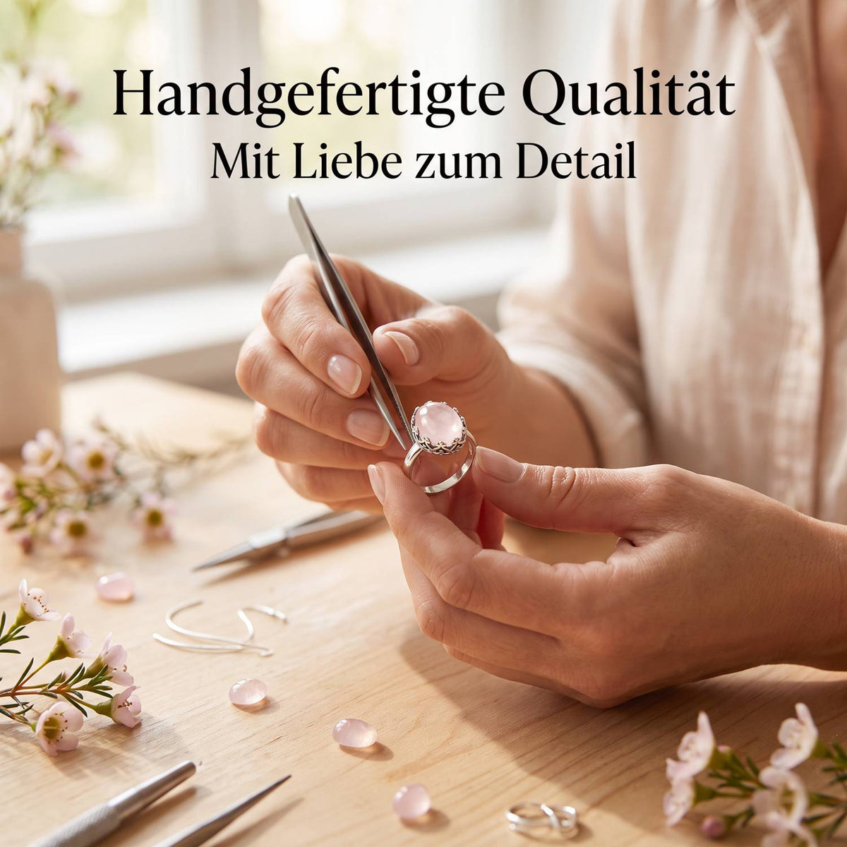 Handgefertigter Silberring mit Rosenquarz bei der Schmuckherstellung
