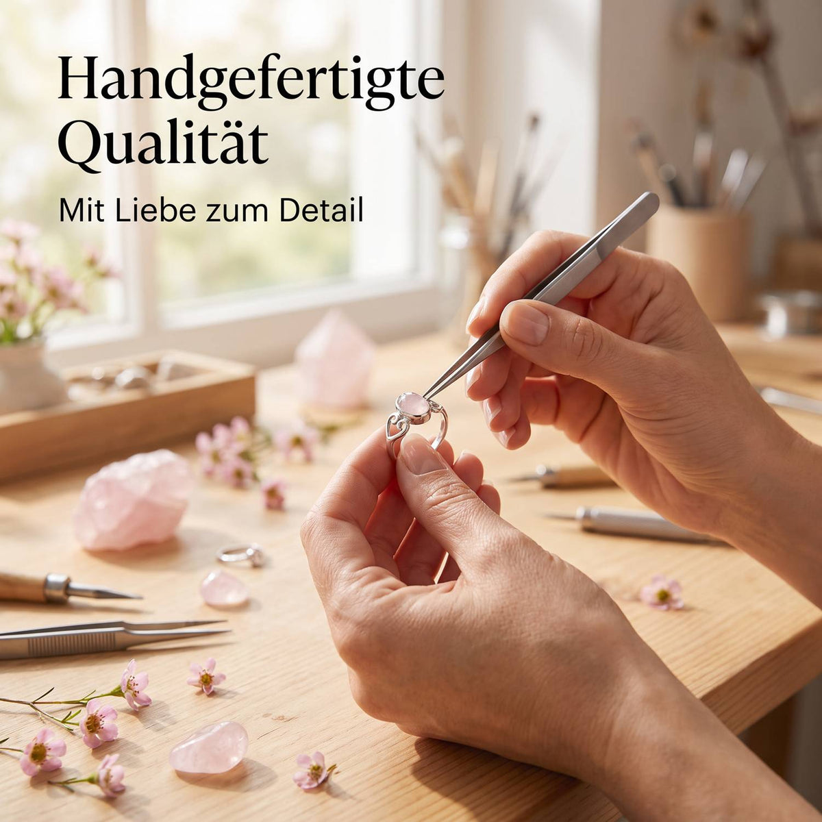 Handgefertigter Silberring mit Rosenquarz bei der Schmuckherstellung