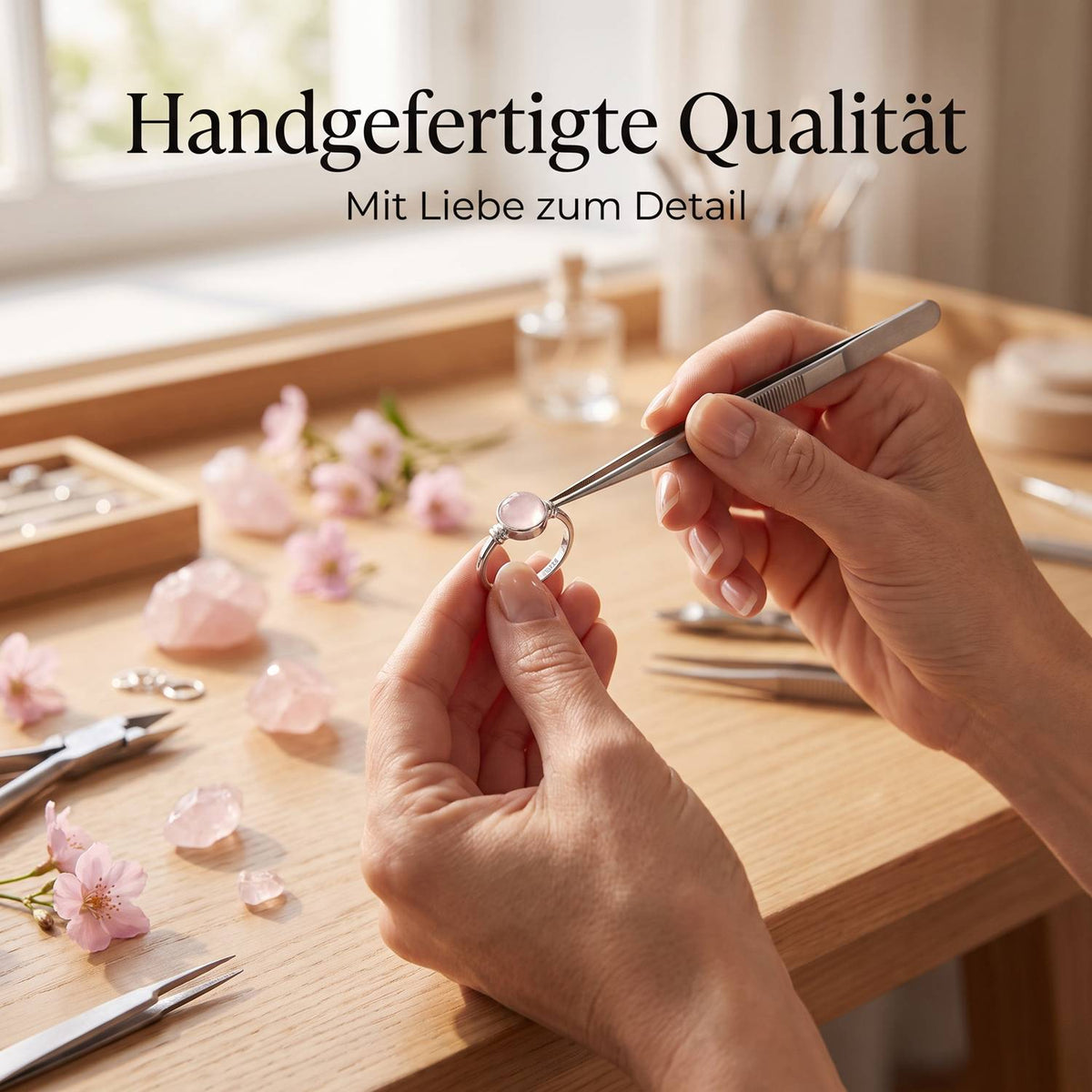 Handgefertigter Silberring mit Rosenquarz bei der Schmuckherstellung