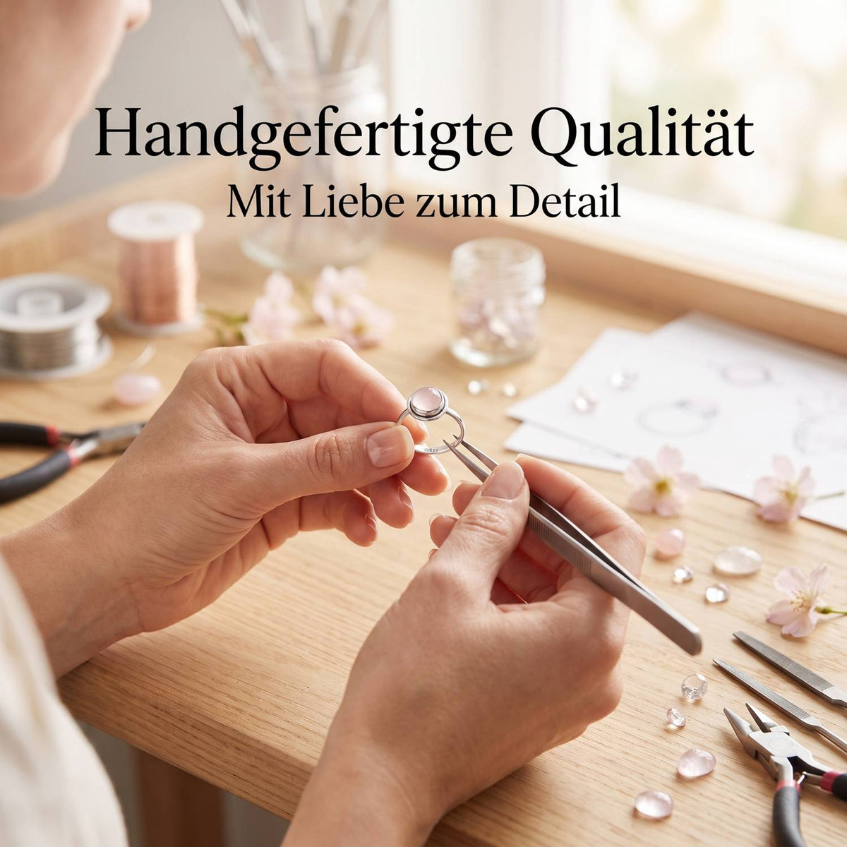 Handgefertigter Silberring mit Rosenquarz bei der Schmuckherstellung