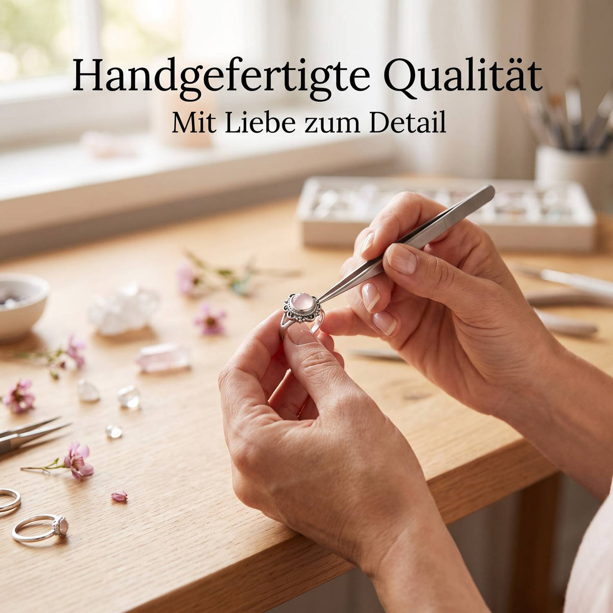Handgefertigter Silberring mit Rosenquarz bei der Schmuckherstellung