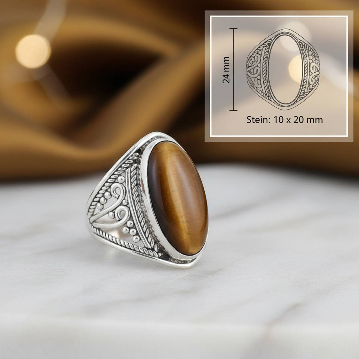 Tigeraugering aus Silber mit Maßangaben zu Ring und Edelstein