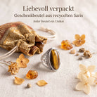 [KI] Silberring mit Tigerauge und Geschenkbeutel aus recyceltem Sari