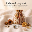 [KI] Silberring mit Tigerauge und Geschenkbeutel aus recyceltem Sari